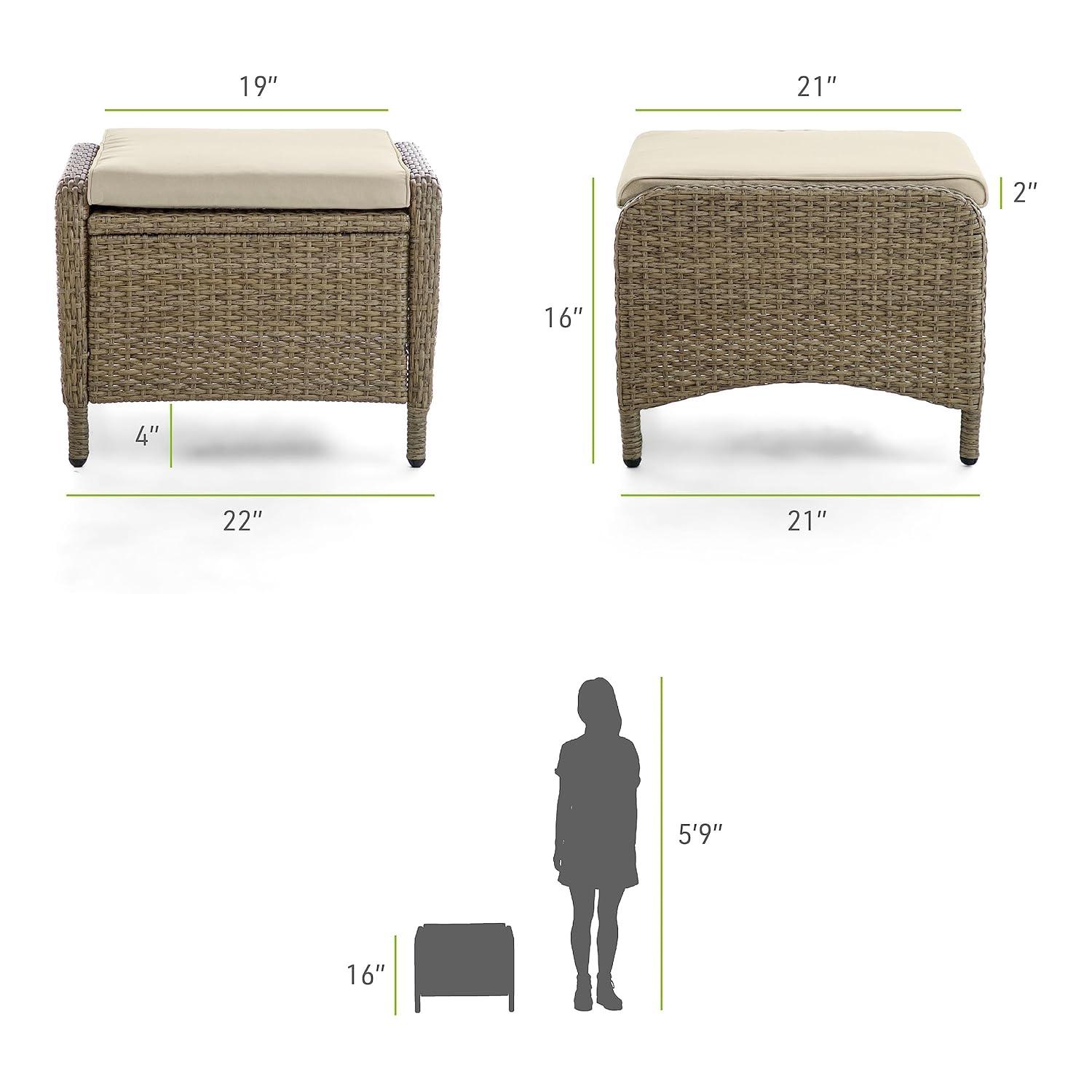 Beige and Natural Brown Wicker Outdoor Ottomans with Cushions, Set of 2