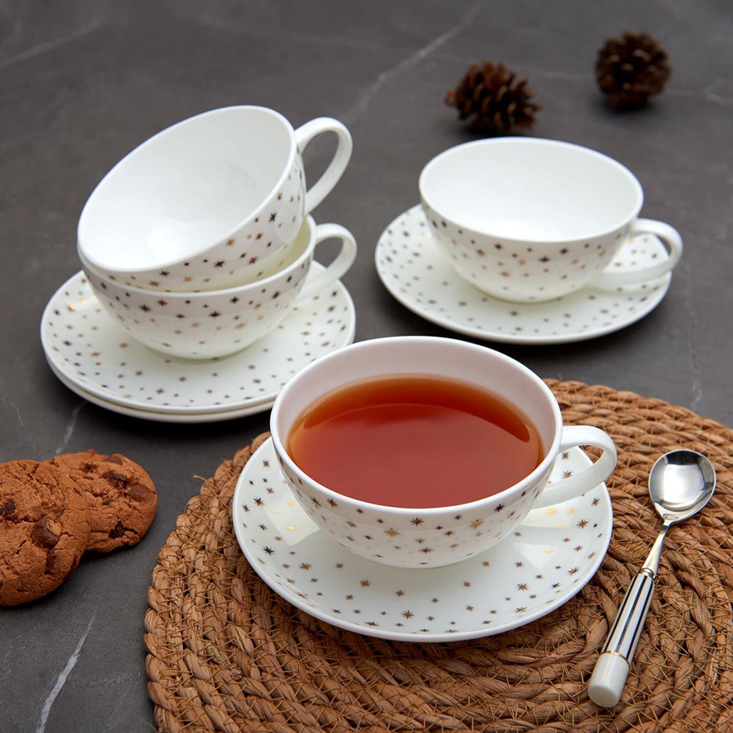 Millie White and Gold Bone China Tea Cups with Saucers, Set of 4