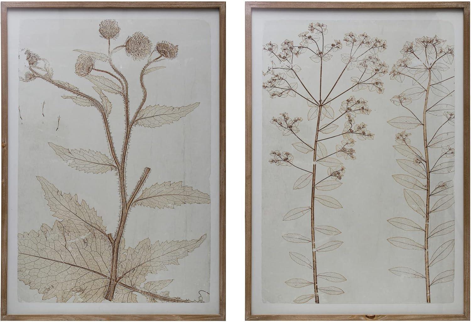 Botanical Floral Print Wood Framed Glass Wall Art Set