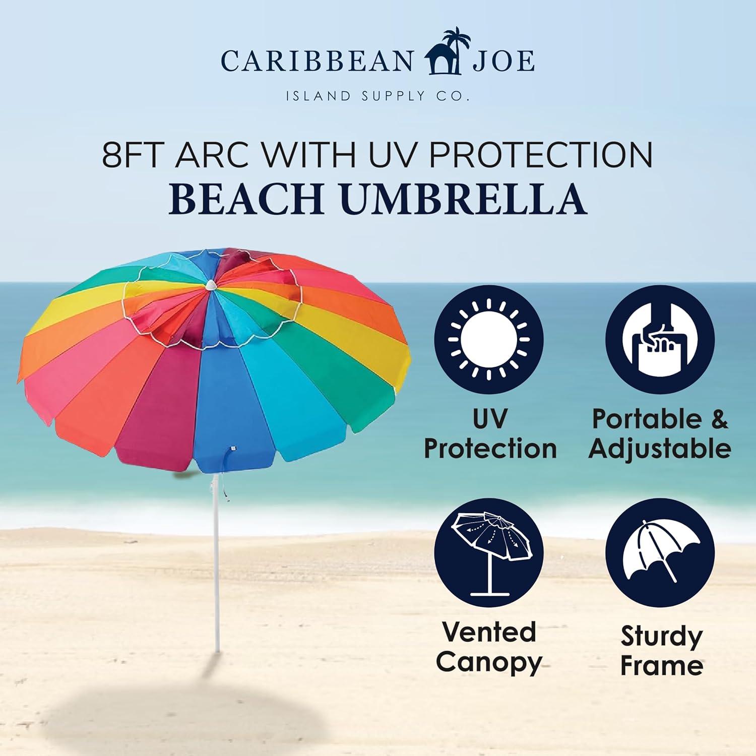 Caribbean Joe 8ft Beach Umbrella with UV Protection, Vented Canopy