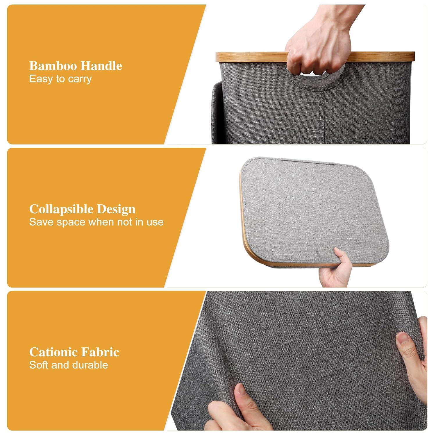 Large Laundry Hamper, 100L Waterproof Laundry Basket with Lid and Removable Bag, Collapsible Tall Clothes Hamper with Bamboo Handles for Clothes Toys in Dorm Bedroom Bathroom, Grey