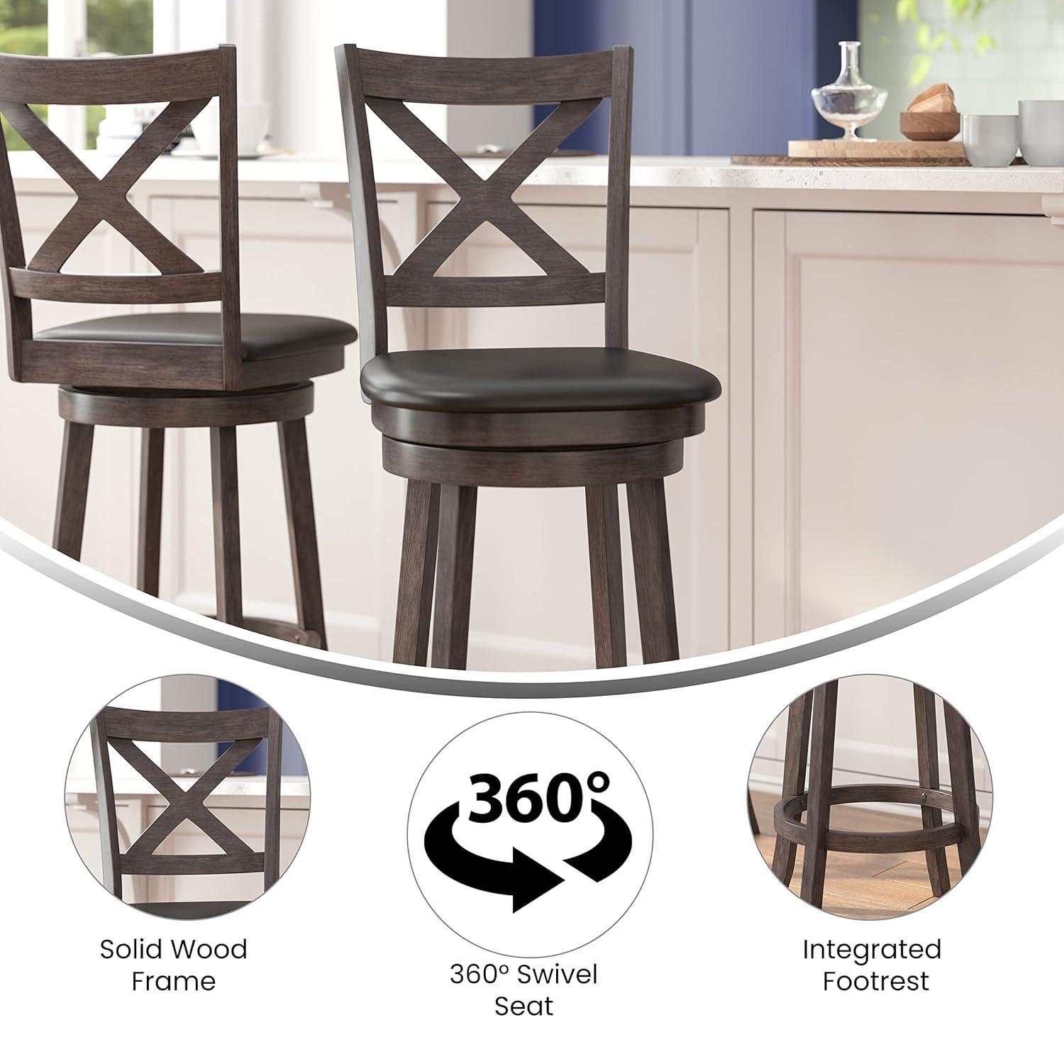 Merrick Lane 30" Gray Wash Walnut Classic Wooden Crossback Swivel Bar Height Pub Stool with Black Faux Leather Padded Seat and Integrated Footrest