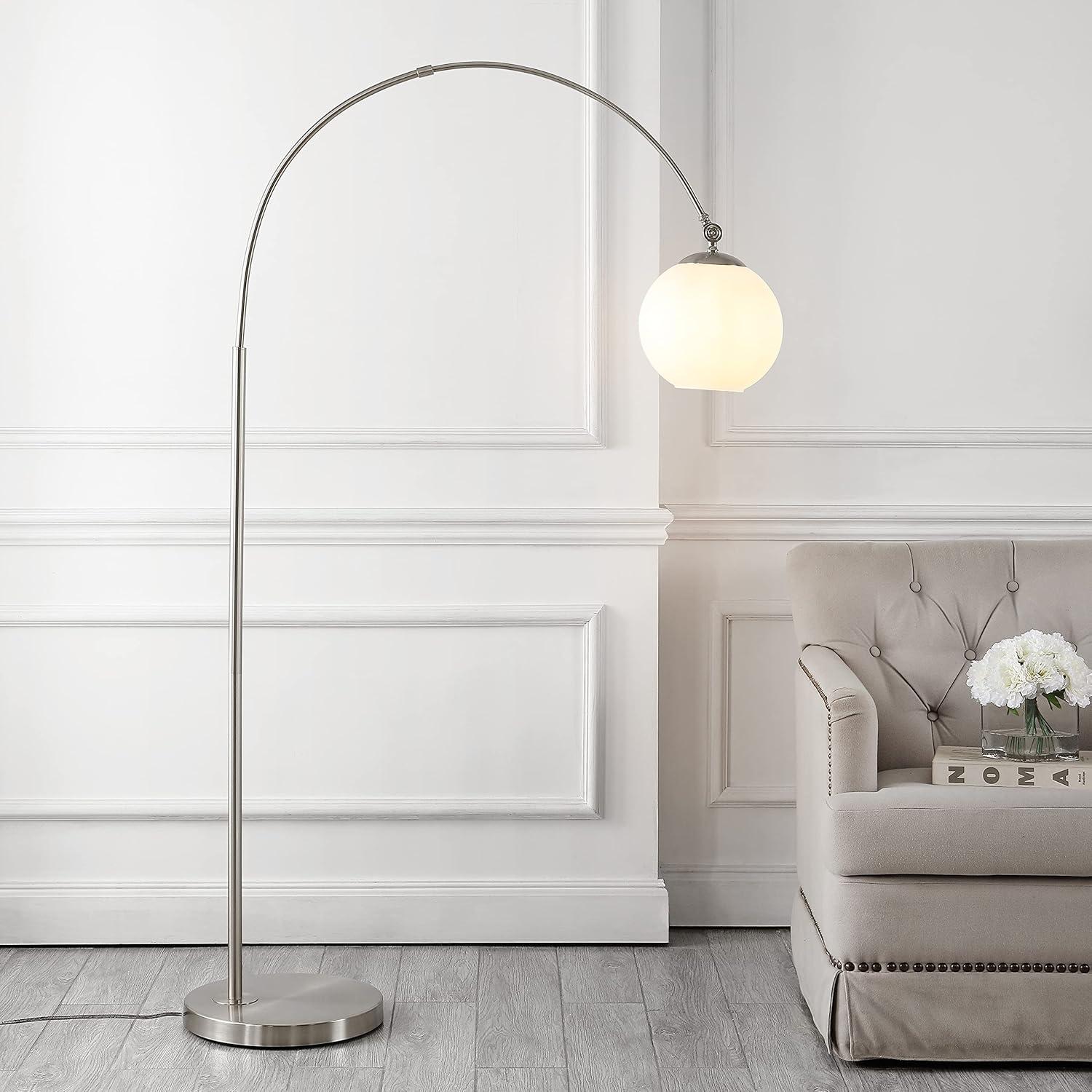 Nora Minimalistic Transitional Nickel Arc Floor Lamp with Frosted Shade