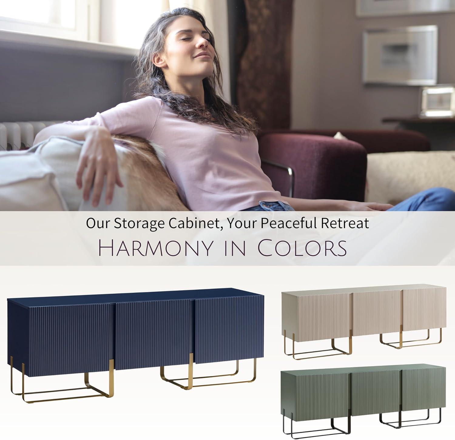 Denhour DH BASIC Modern 60-inch 3-Door Storage TV Stand by  Indigo Blue/Gold