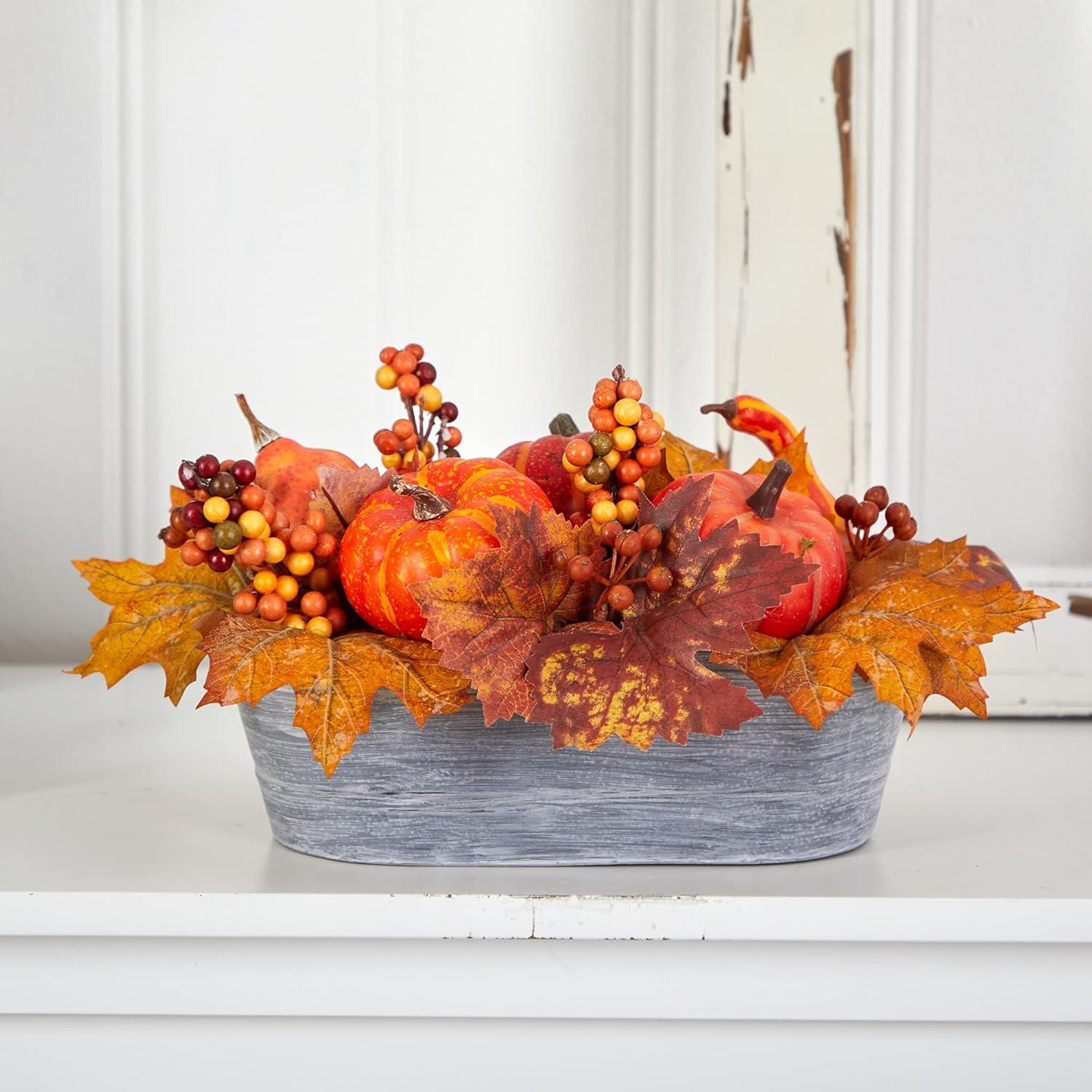 Nearly Natural 12-in Fall Pumpkin and Berries Autumn Harvest Artificial Arrangement in Washed Vase