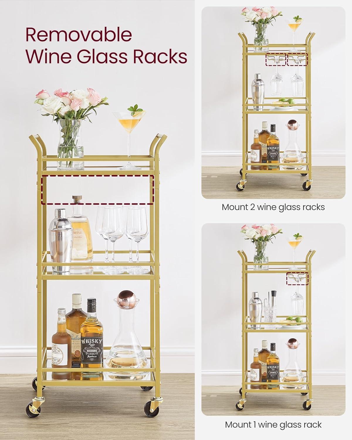 Pale Gold 3-Tier Bar Cart with Mirrored Glass Shelves