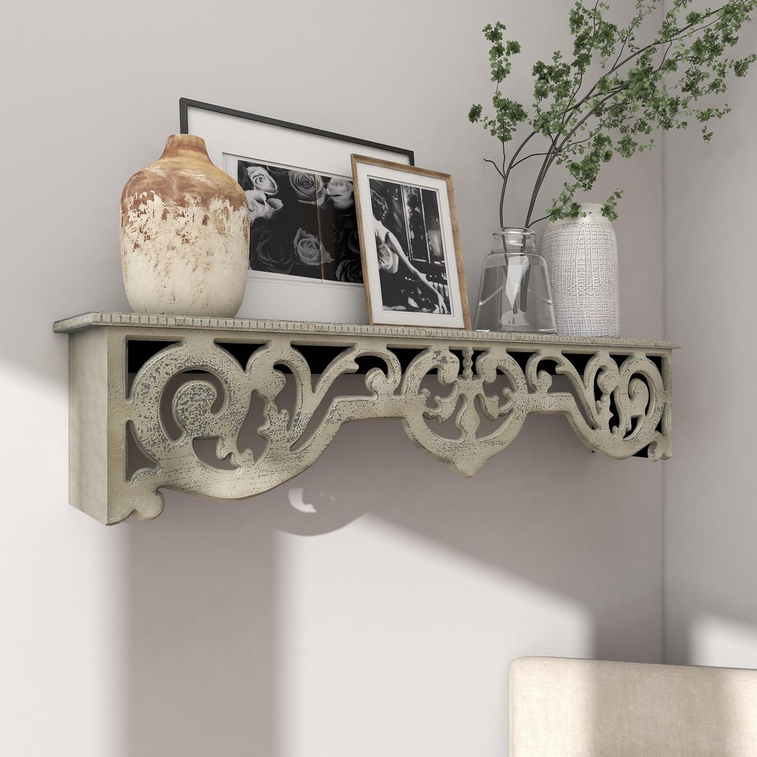 DecMode 48" x 8" 1-Tier Beige Scroll Wall Shelf with Gray Distressing