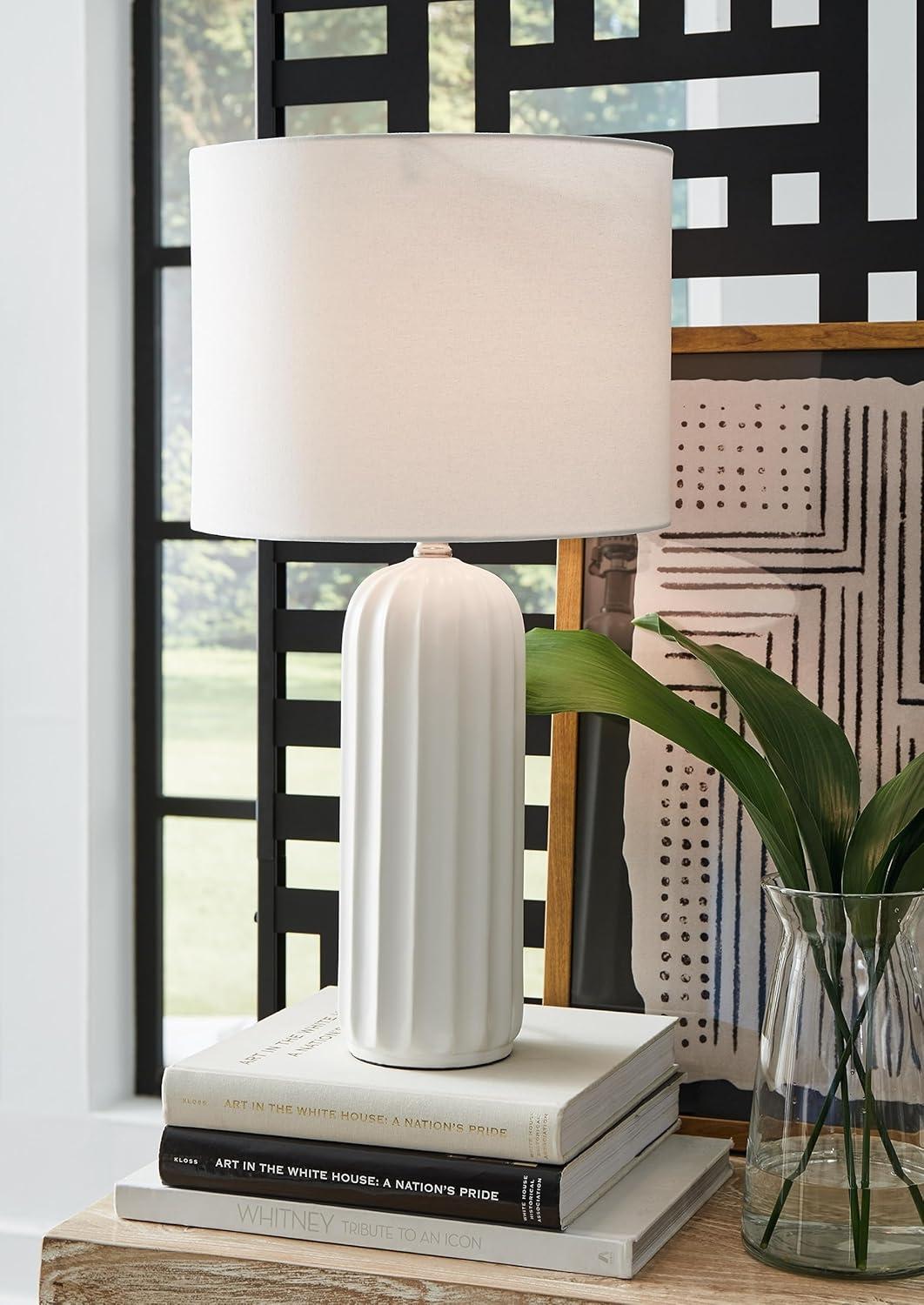 White Ceramic Table Lamps with Drum Shade, Set of 2