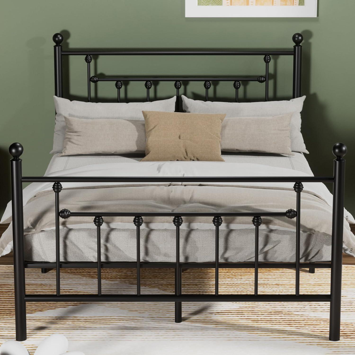 Black Metal Queen Platform Bed Frame with Headboard and Footboard