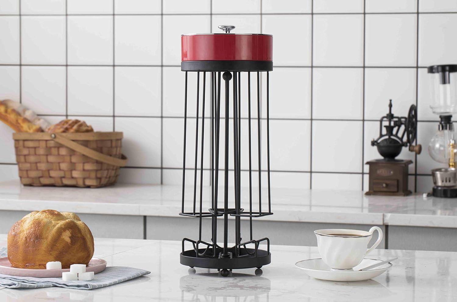 Black and Red Metal Coffee Pod Storage Carousel with Removable Sugar Box