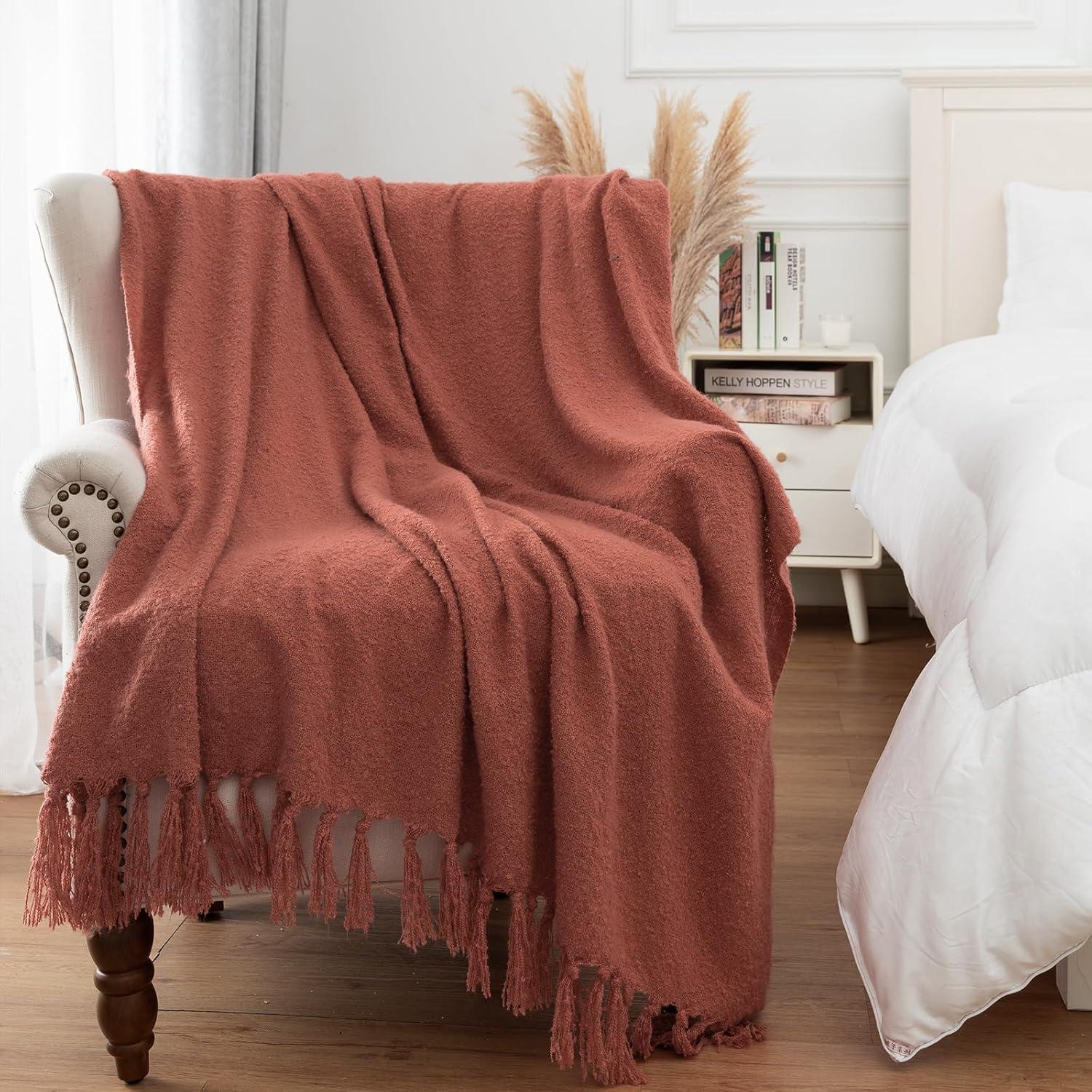 Gealaek Fall Throw Blanket Lightweight Fuzzy Soft Cozy Decorative Blankets for Sofa Bed Farmhouse Throw Blanket Orange with Fringe 50" x 60"