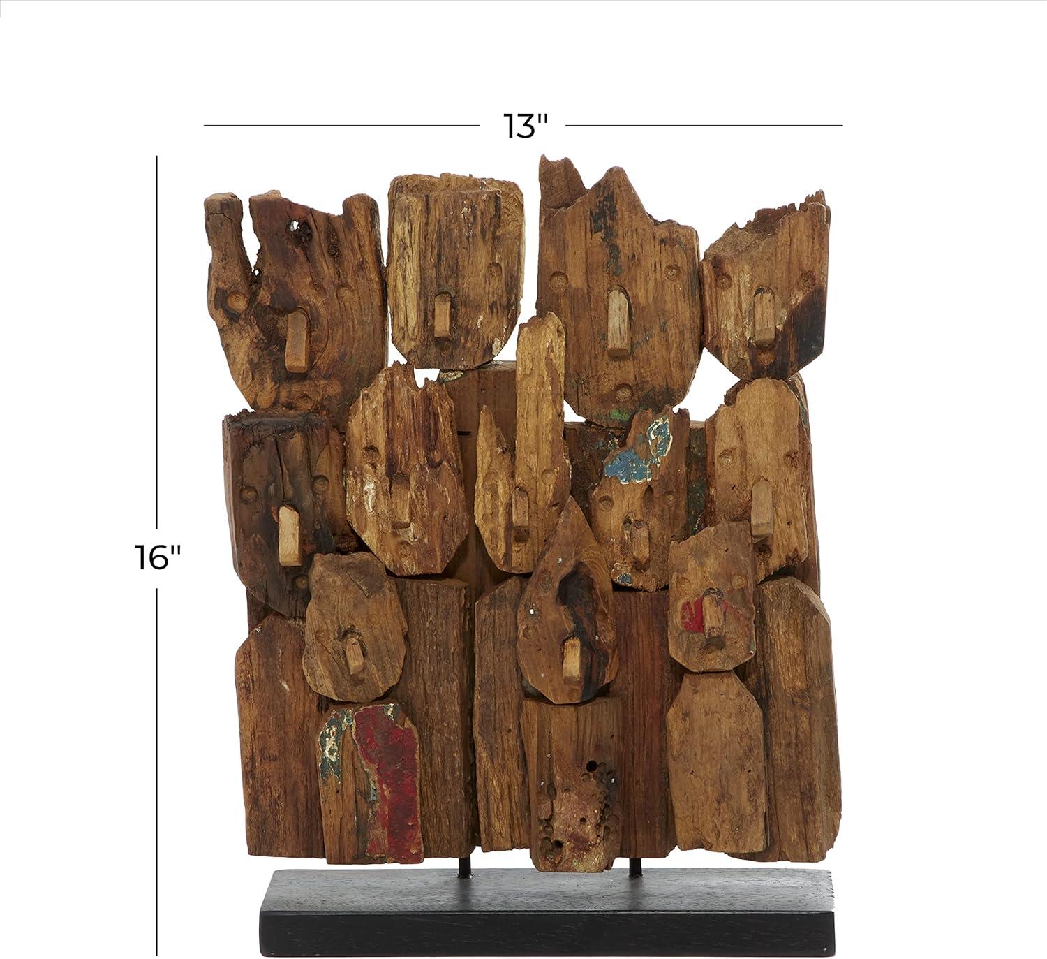 13" x 16" Brown Teak Wood Handmade Carved Abstract Sculpture with Faces, by DecMode