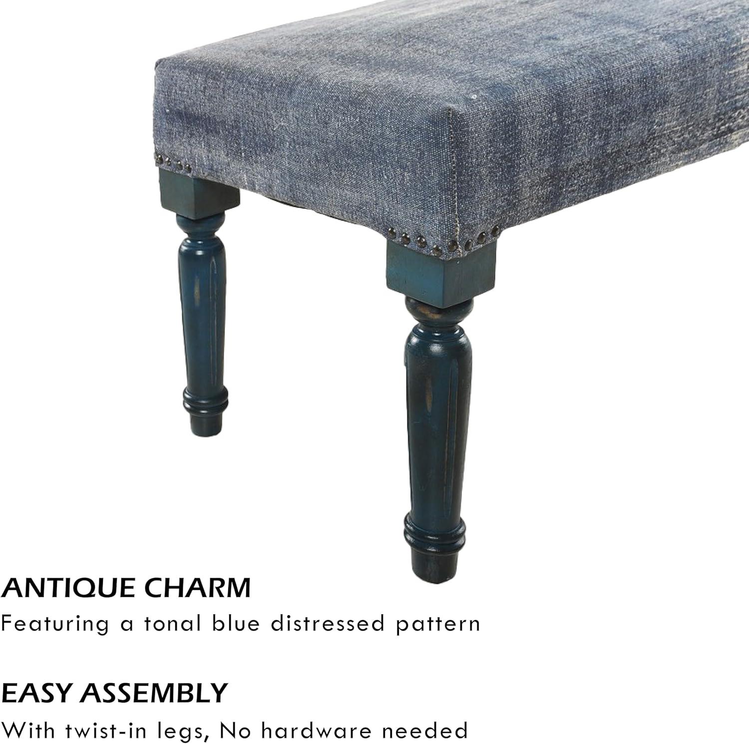 LR Home Bryant 47" Upholstered Accent Bench, Blue Abtsract