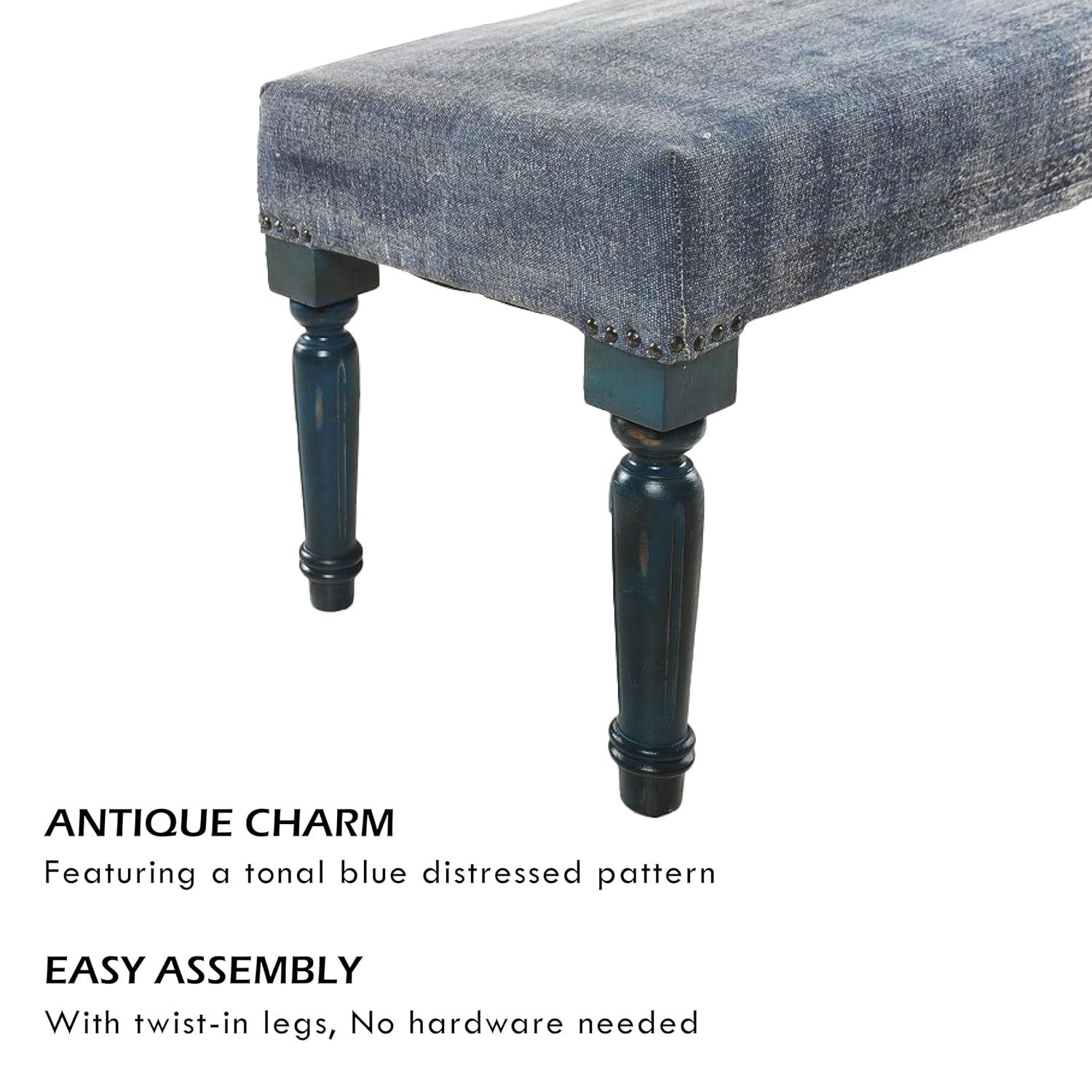 LR Home Bryant 47" Upholstered Accent Bench, Blue Abtsract