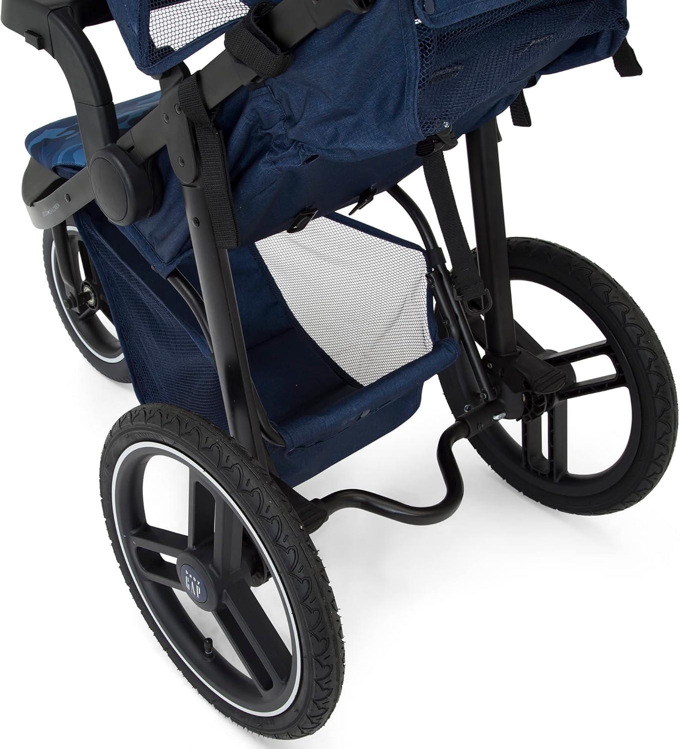 babyGap Trek Jogging Stroller - Lightweight Jogging Stoller with Extendable Canopy & Reclining Seat - Includes Car Seat Adapter - Made with Sustainable Materials, Navy Camo