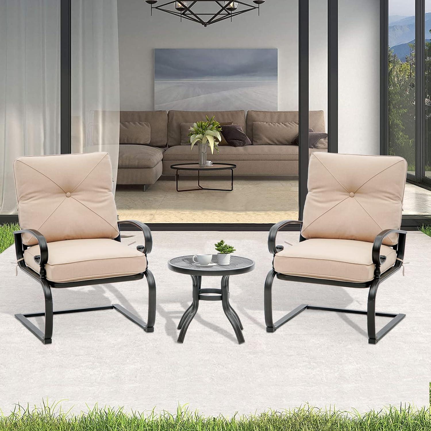 Brown Cushioned Iron Outdoor Bistro Set with Glass Table