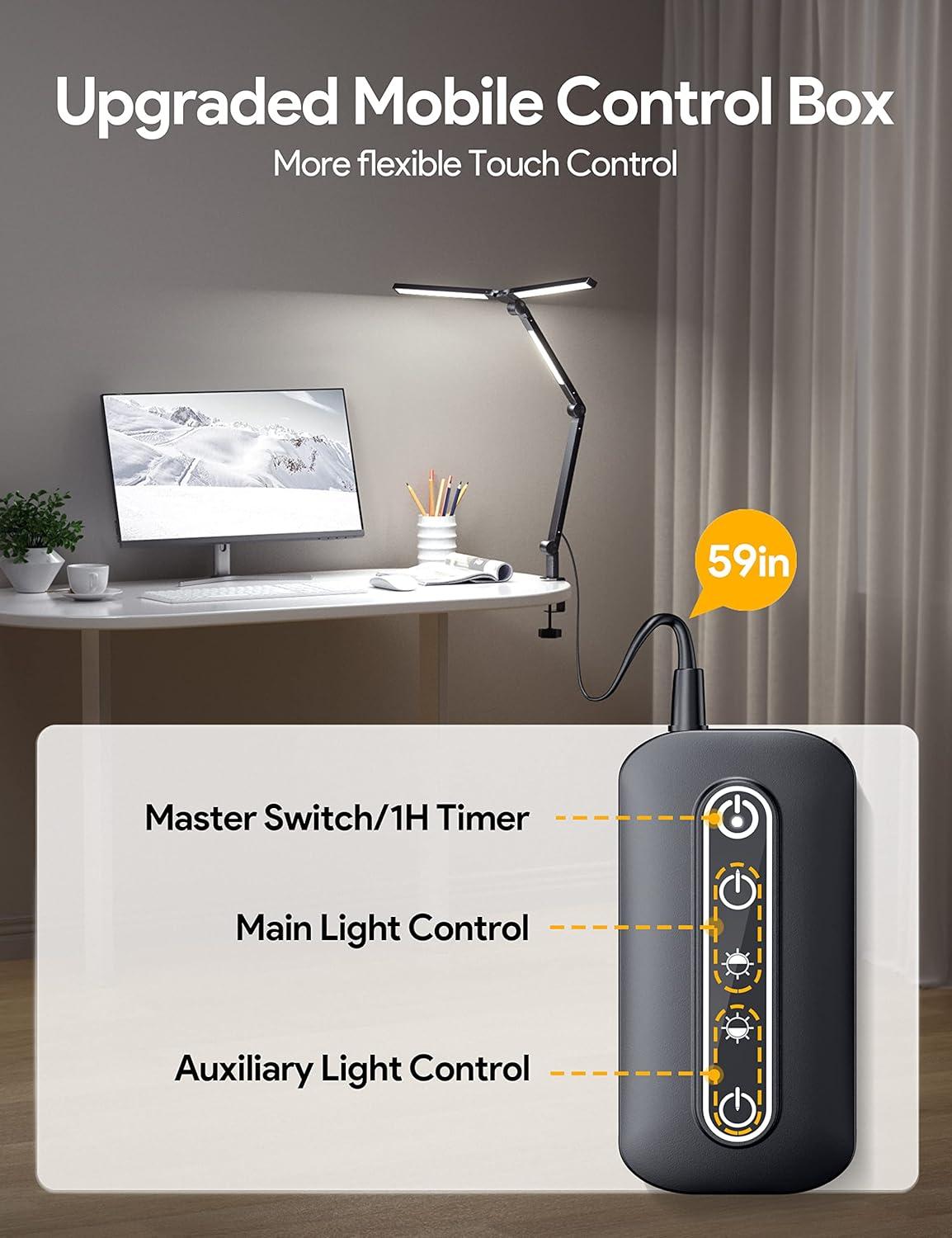 Adjustable Black LED Desk Lamp with Clamp and Control Box