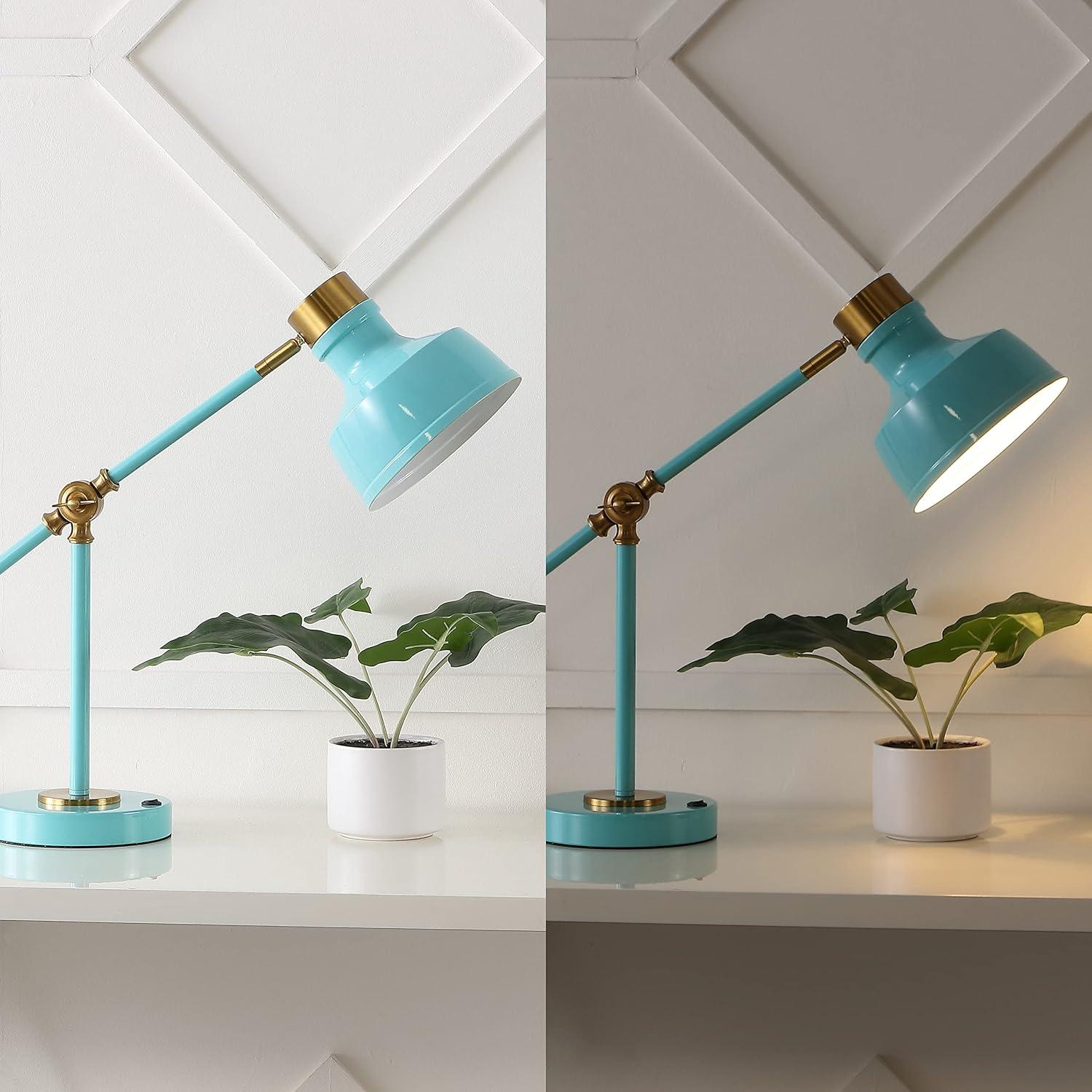 Cyan and Brass Adjustable Edison LED Task Lamp with USB