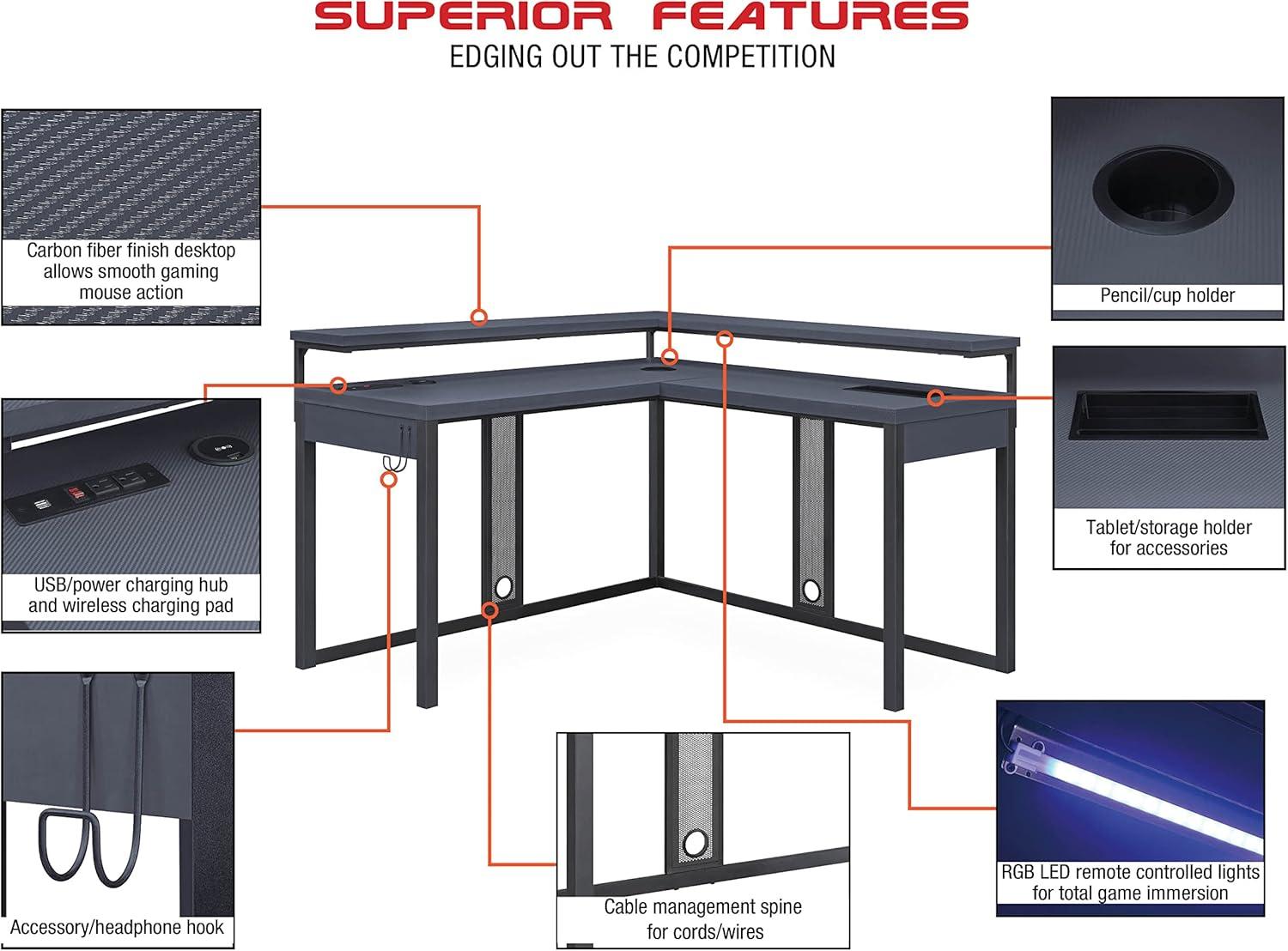 Stealth Pro Corner L-Shape Black Gaming Desk with Tech Upgrades