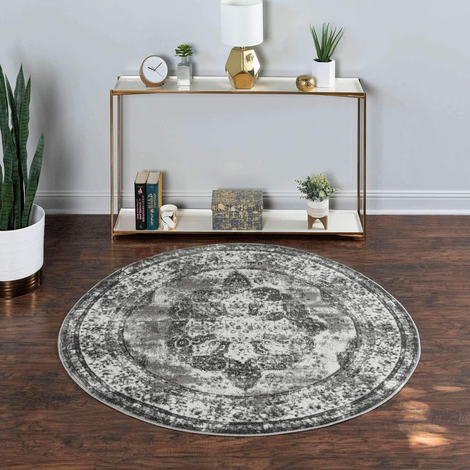 Gray and Light Gray Round Synthetic Reversible Area Rug