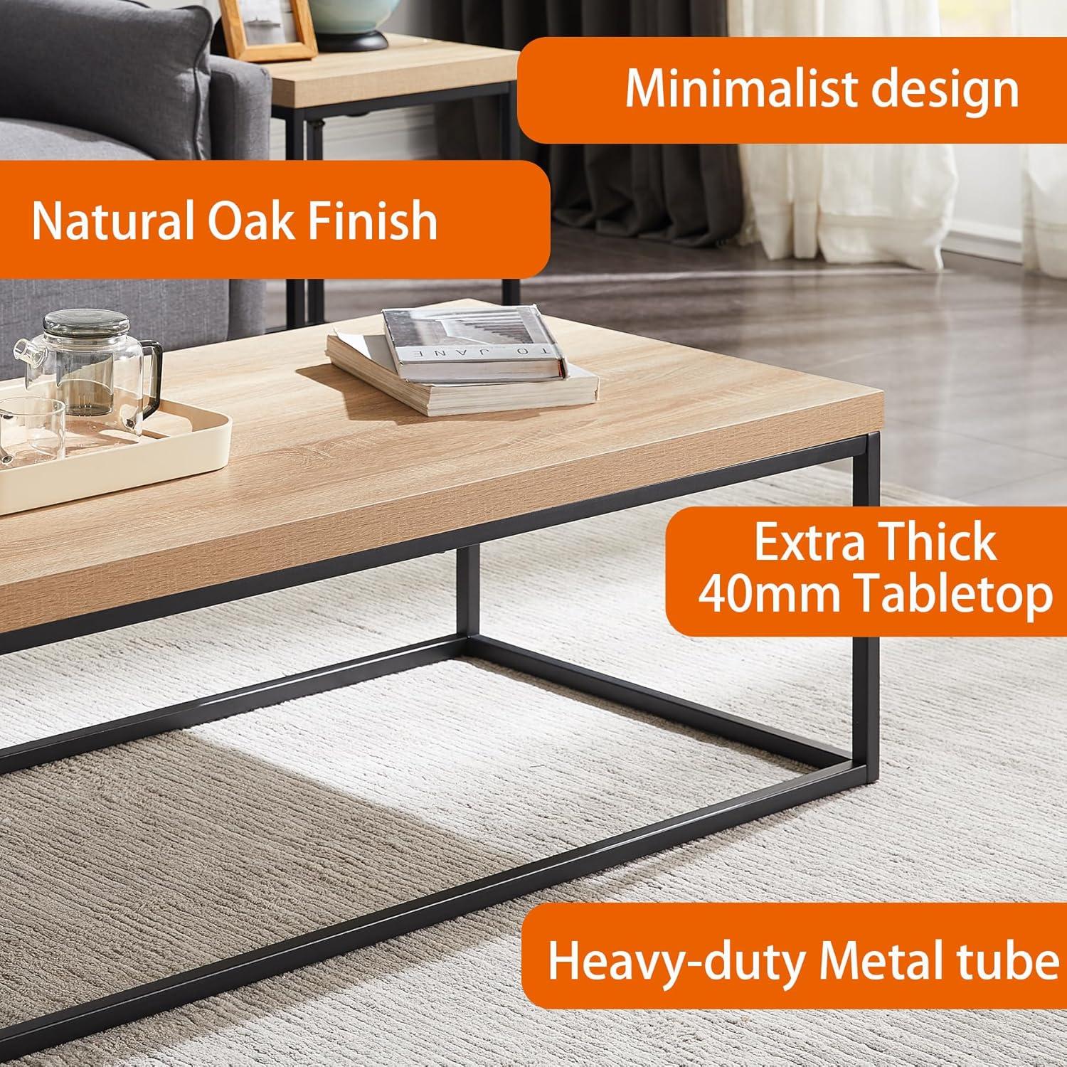 47" Large Natural Oak Coffee table for Living Room, Light Wood, Rectangle Modern Industrial, Wood and Metal, Extra thick tabletop
