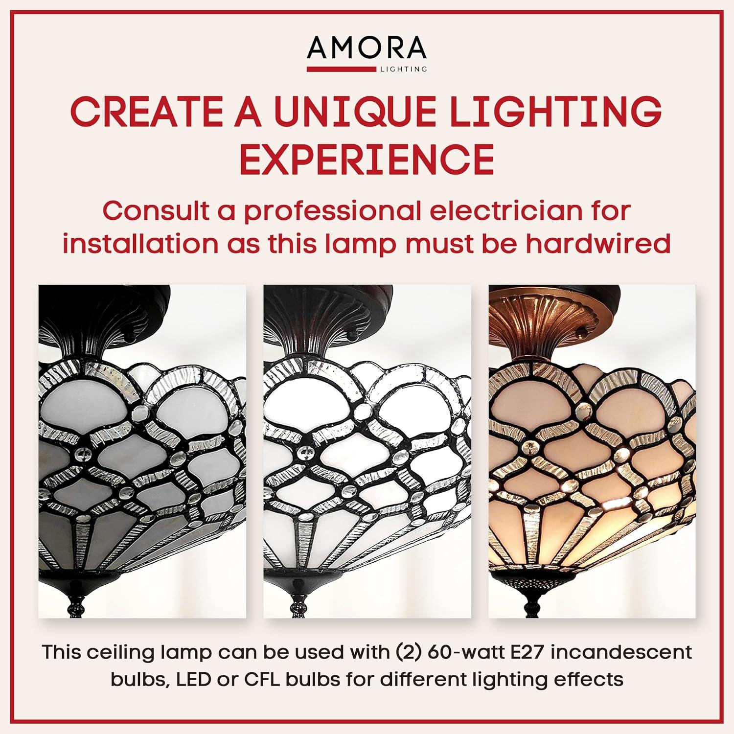 Amora Lighting Tiffany Style Ceiling Fixture Lamp Jeweled 17" Wide Stained Glass White Bedroom Hallway Gift AM108CL17B