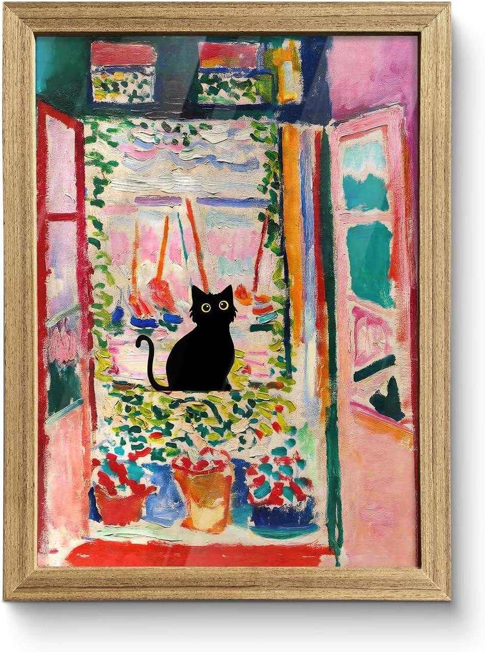 Henri Matisse Oil Paintings on Canvas Wall Art Matisse Famous Open Window Black Cat Poster Funny Cat Floral Print Colorful Farmhouse Gallery Aesthetic Room Decor for Bedroom Bathroom 12x16in Unframed