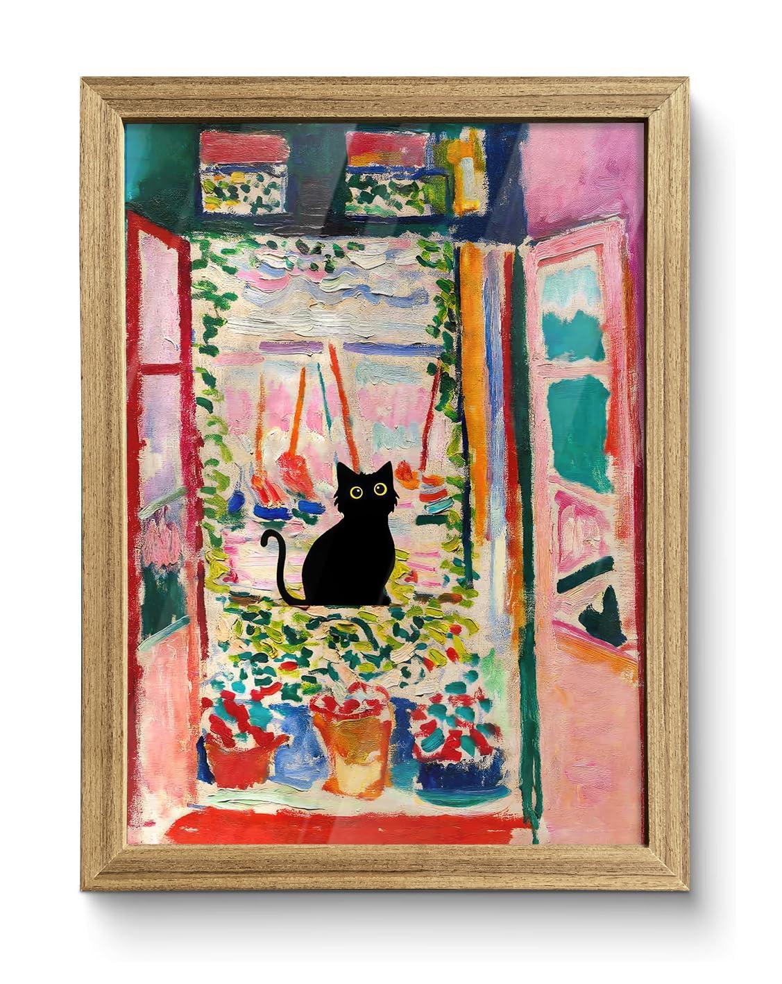 Henri Matisse Oil Paintings on Canvas Wall Art Matisse Famous Open Window Black Cat Poster Funny Cat Floral Print Colorful Farmhouse Gallery Aesthetic Room Decor for Bedroom Bathroom 12x16in Unframed