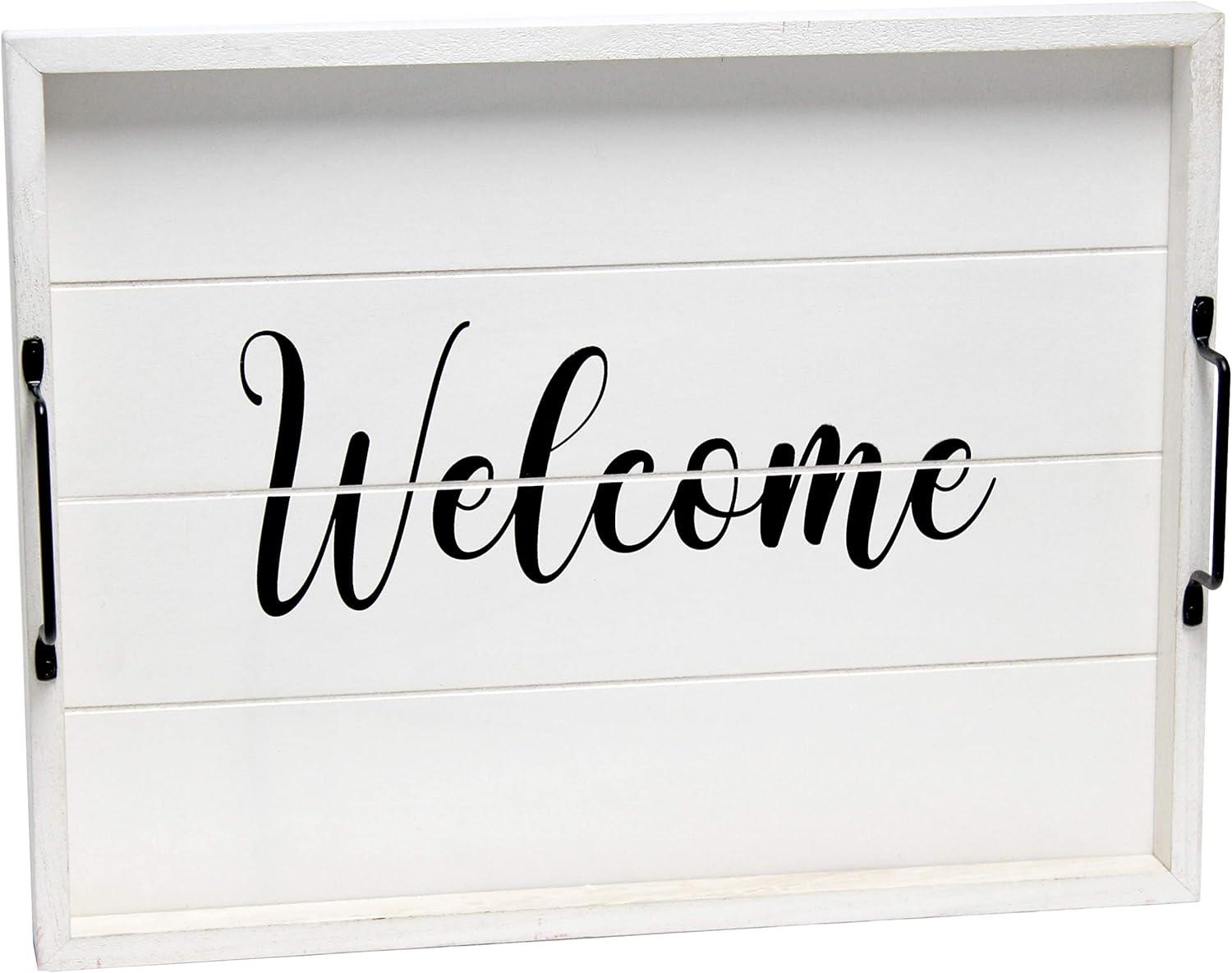 Elegant Designs 15.5" x 12" Decorative Wood Serving Tray, "Welcome", White Wash