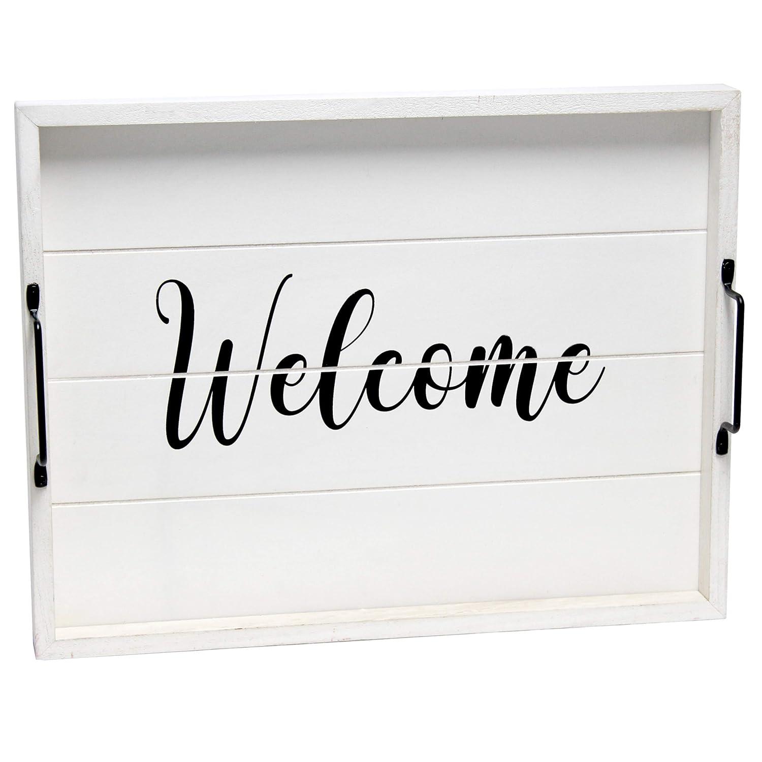 Elegant Designs 15.5" x 12" Decorative Wood Serving Tray, "Welcome", White Wash