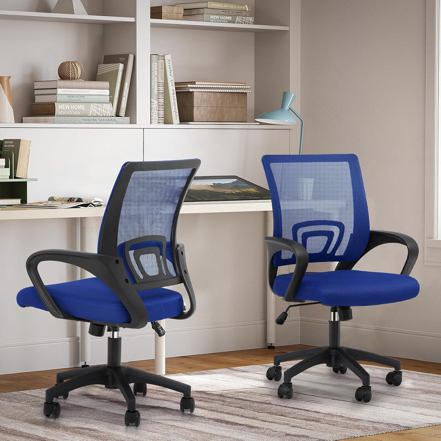 Magshion Set of 2 Office Chairs Mid Back Swivel Desk Chairs, Height Adjustable Ergonomic Mesh Computer Chairs with Armrest & Lumbar Support, Navy Blue