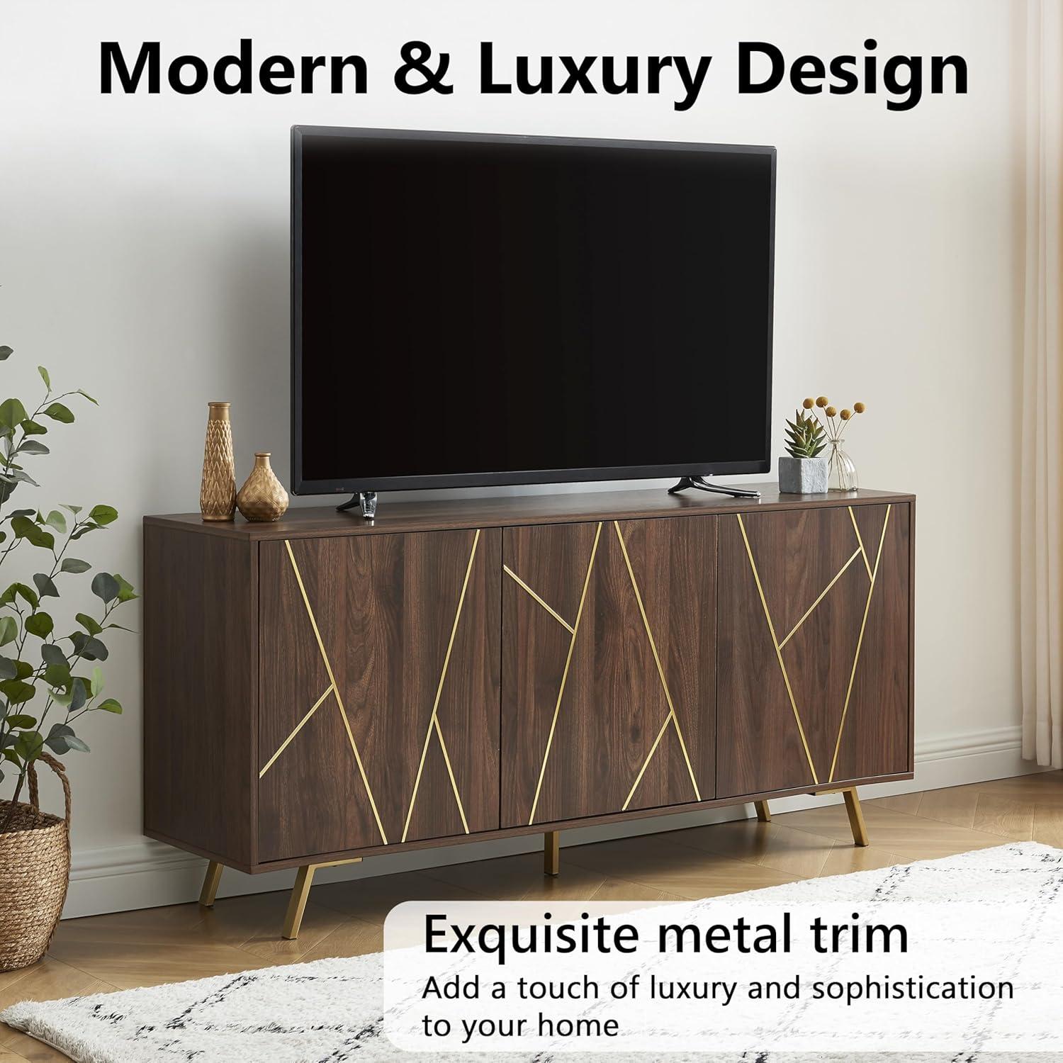 63'' Dark Walnut and Gold Mid Century Modern Sideboard Buffet