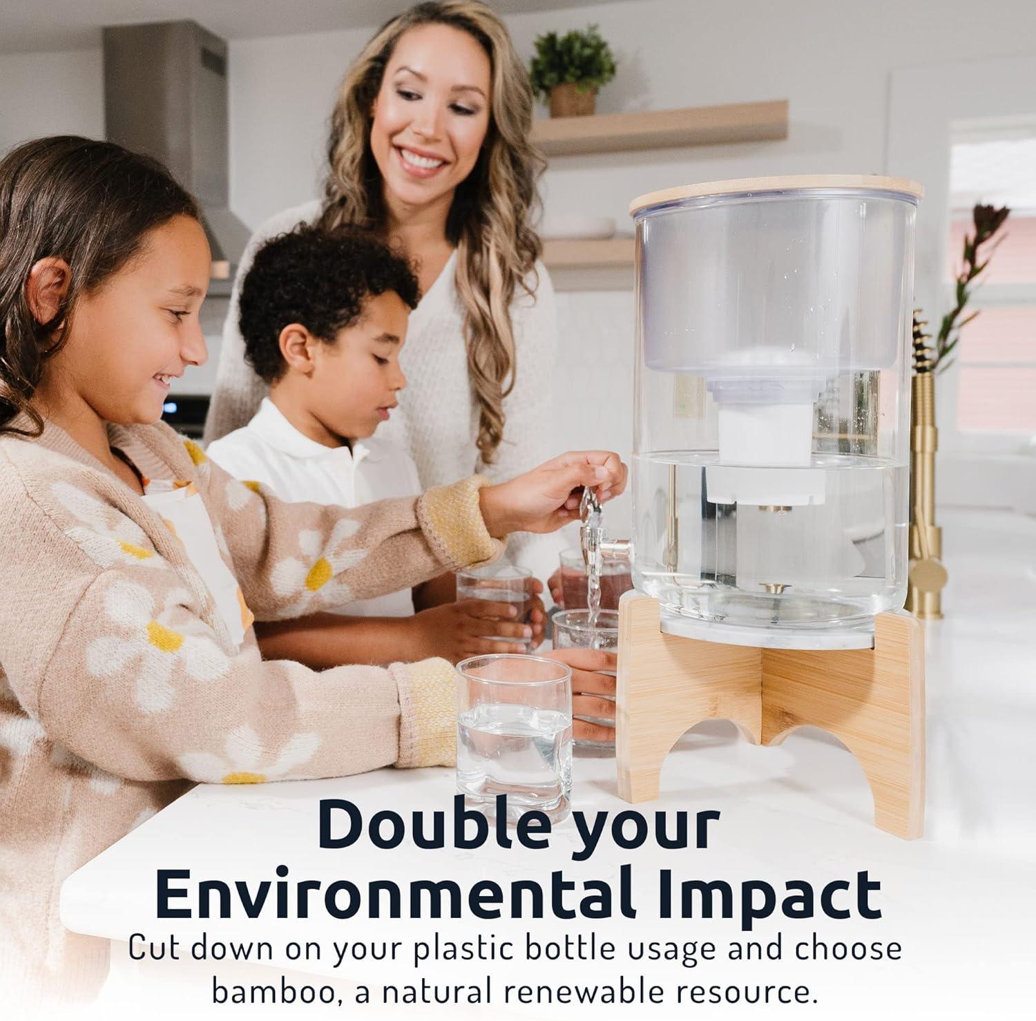 Invigorated Water pH Recharge Alkaline Water Filter Dispenser – BPA-Free Glass Countertop Water Filter Pitcher Purifier for Home & Office, 36-Cup Capacity, 360L Long Filter Life (Bamboo/Marble)