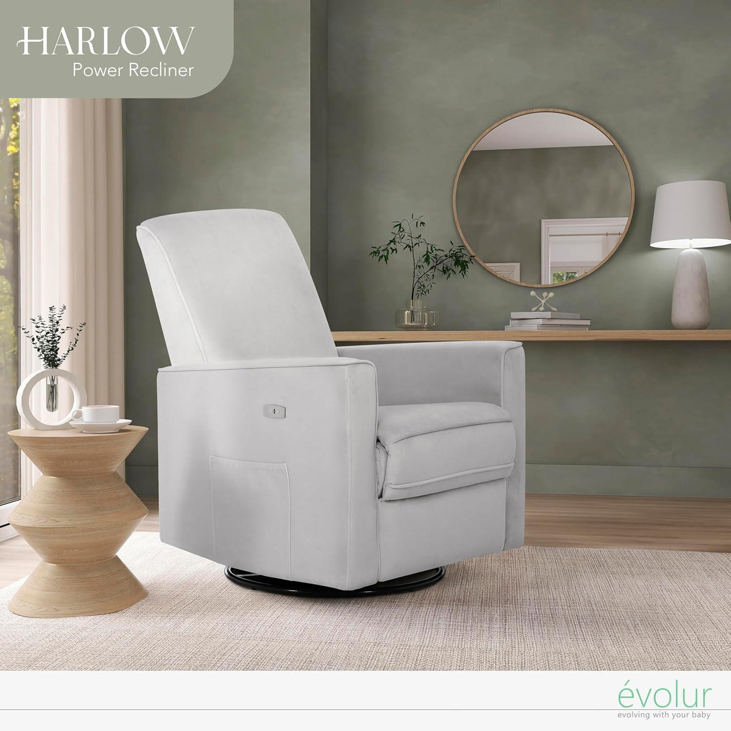 Evolur Harlow Deluxe Greenguard Gold Certified Upholstered Plush Seating Glider Swivel & Power Recliner, Grey