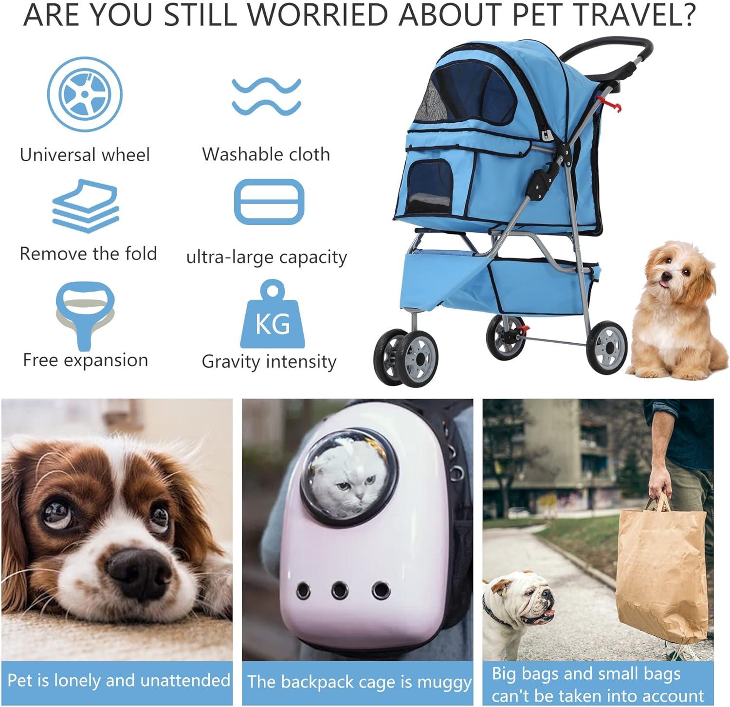 ToccoLeggero Pet Stroller Foldable Dog Stroller 3-Wheel Durable Cat Jogger Stroller For Small And Medium Dogs Cats With Washable Liner Storage Basket Cup Holder