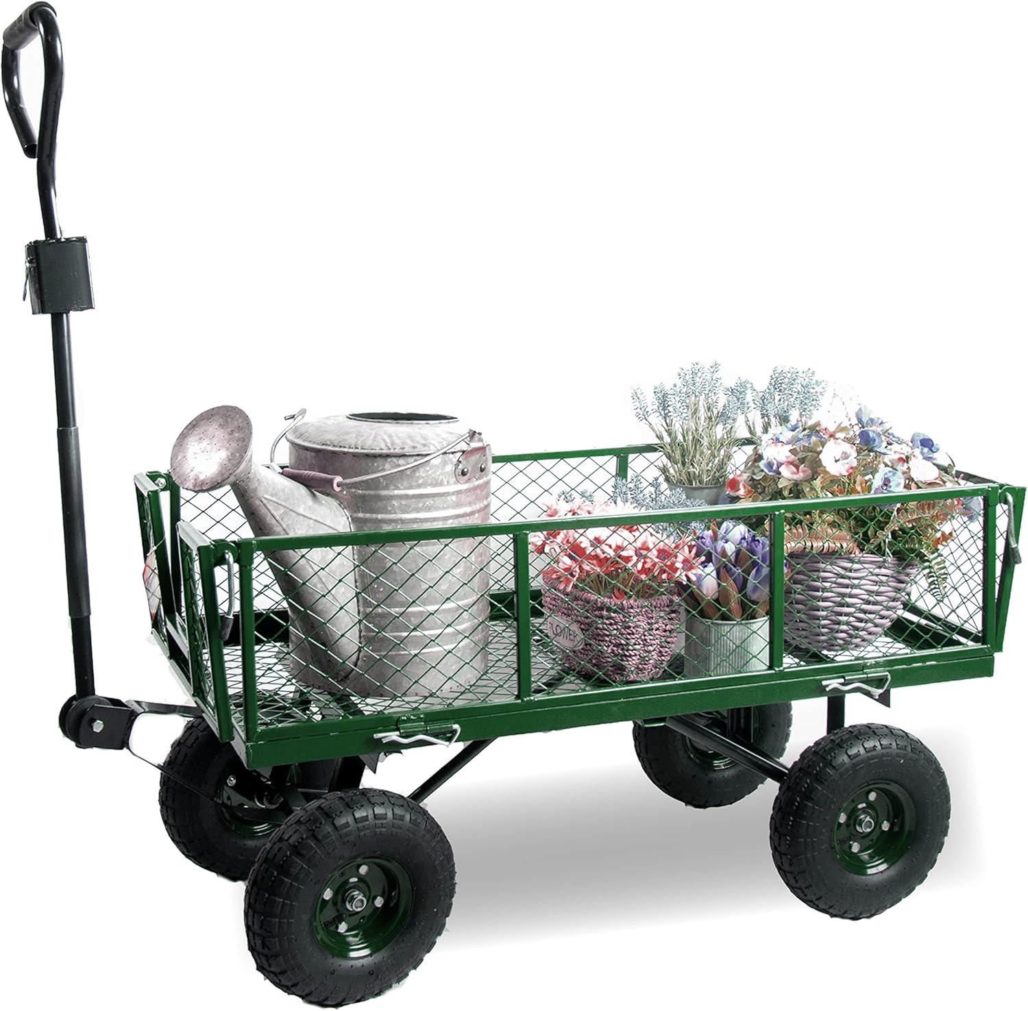 Heavy Duty 600 Lbs Capacity Mesh Steel Garden Cart Folding Utility Wagon with Removable Sides and (4) 10 Inch Wheels (Green)