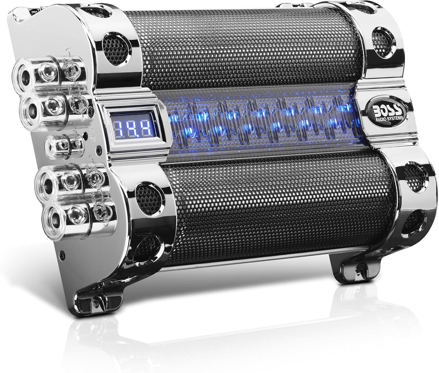 BOSS Audio Systems Cap18 - 18 Farad Car Audio Capacitor - Energy Storage, Enhance Bass From Stereo, Warning Reverse Polarity Tone, Voltage Overload Low Battery Voltage Led, For Amplifier and Subwoofer