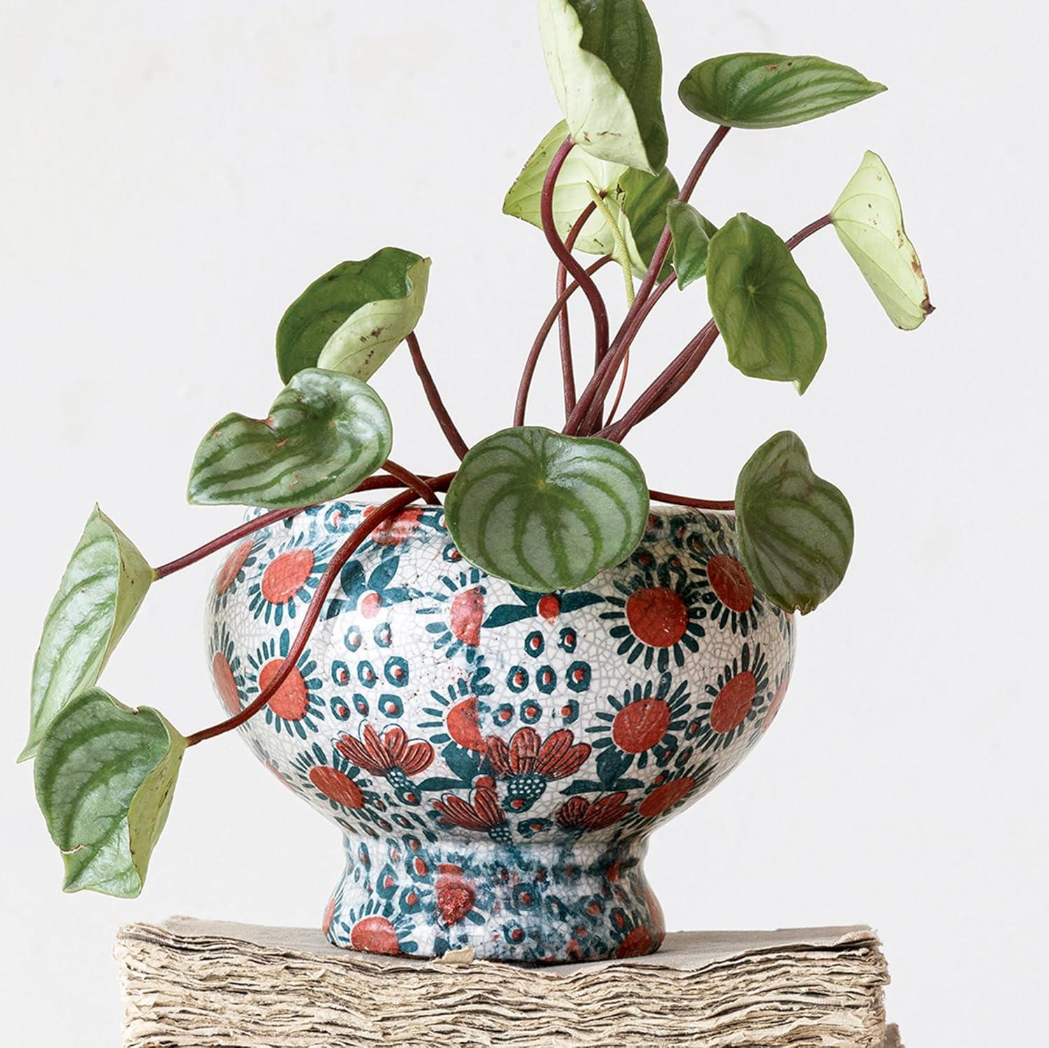 Creative Co-Op Decorative Printed Terra-cotta Footed Planter and Crackle Glaze, Multicolor