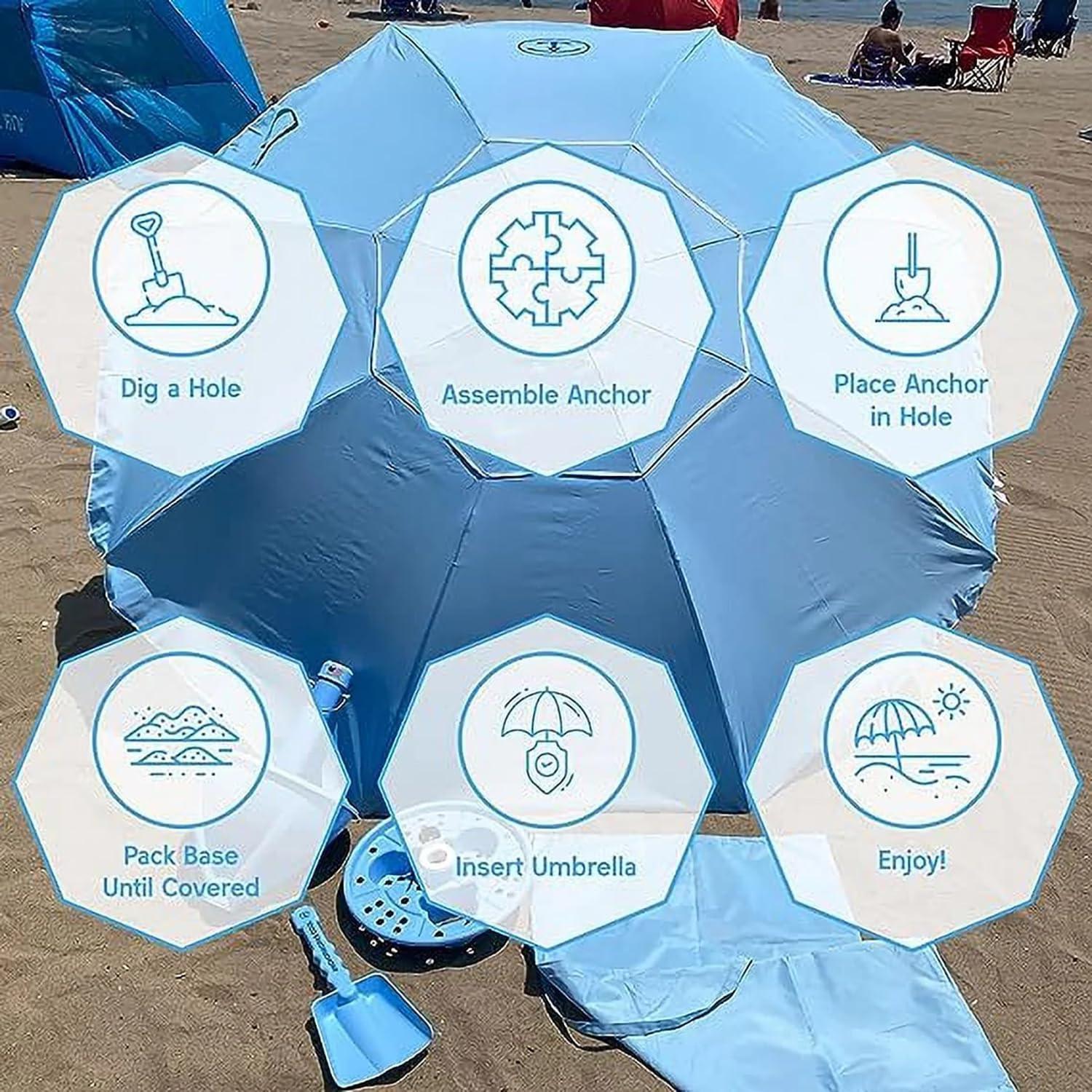 Anchor Works: Classic Beach Umbrella & AnchorONE Kit – Sky Blue - 7.5ft, Carry Bag, Sand Shovel & Drink Tray, UV-Protected, Outdoor Sun Canopy