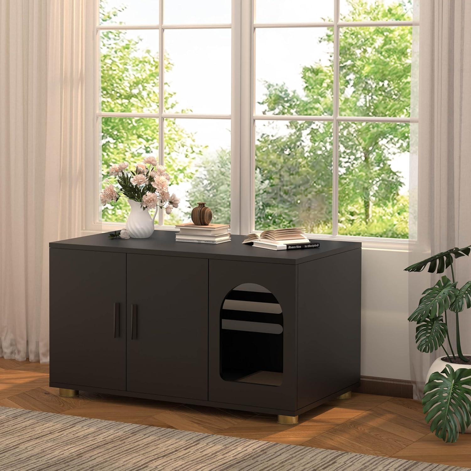 Amunrbrek Cat Litter Box Enclosure Furniture as End Side Table, Stackable Wooden Litter Box Furniture with Front-entry Cat Door , Black