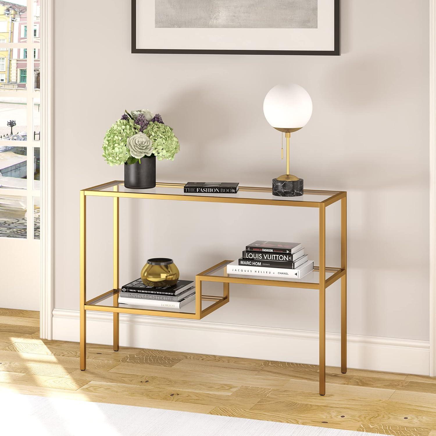 Brass and Glass Console Table with Storage Shelves