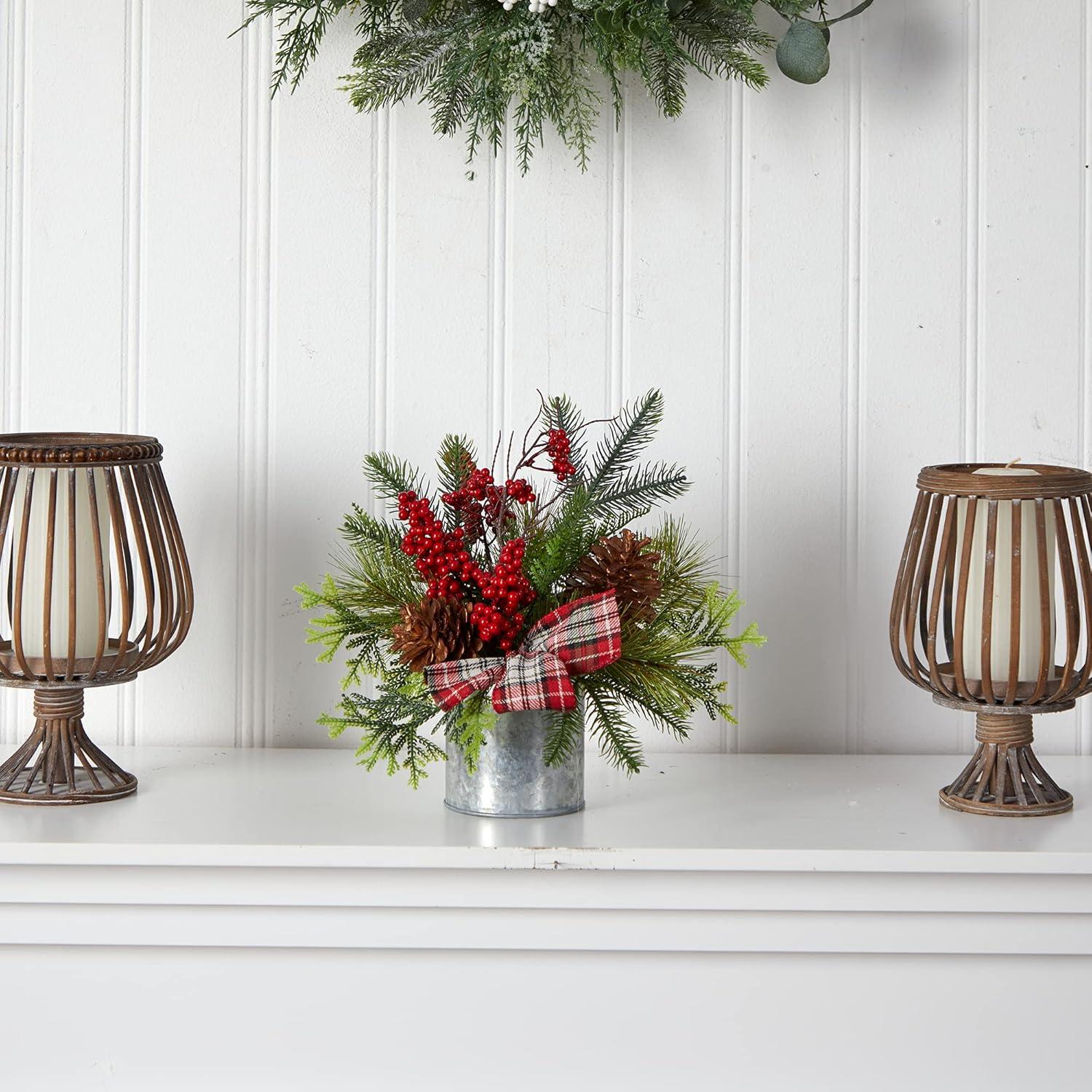 Nearly Natural 12in. Holiday Winter Pinecones, Berries, Greenery and Plaid Bow Artificial Christmas Table Arrangement