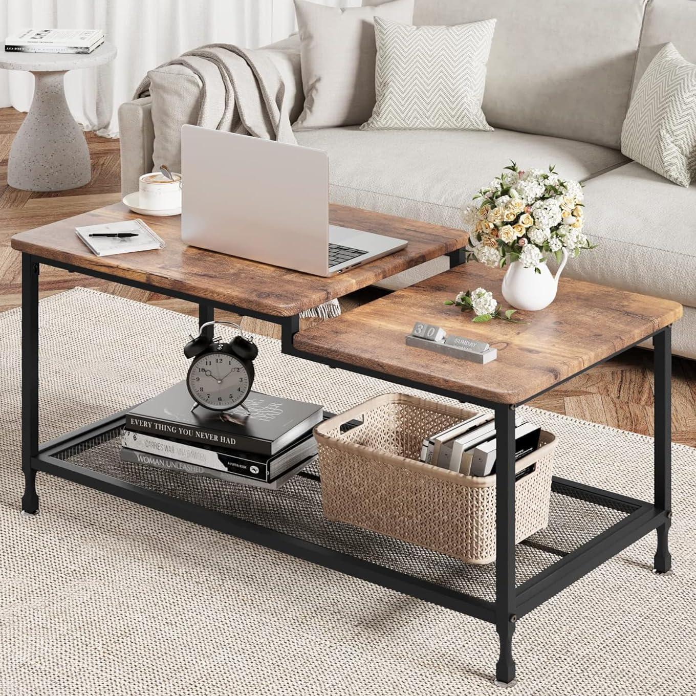 2-Tier Coffee Table with Mesh Shelf, Rustic Rectangle Center Table for Living Room, Storage Cocktail Table with Metal Frame, Easy to Assemble, Rustic Brown