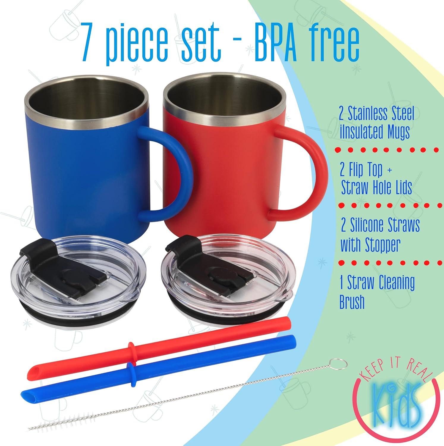 Stainless Steel Kids Mugs - BPA Free 10 oz Childrens Cup, Coffee Style Mugs for Hot Chocolate, Milk, Set of 2 with Handle, Lid and Straw (Blue / Red)…