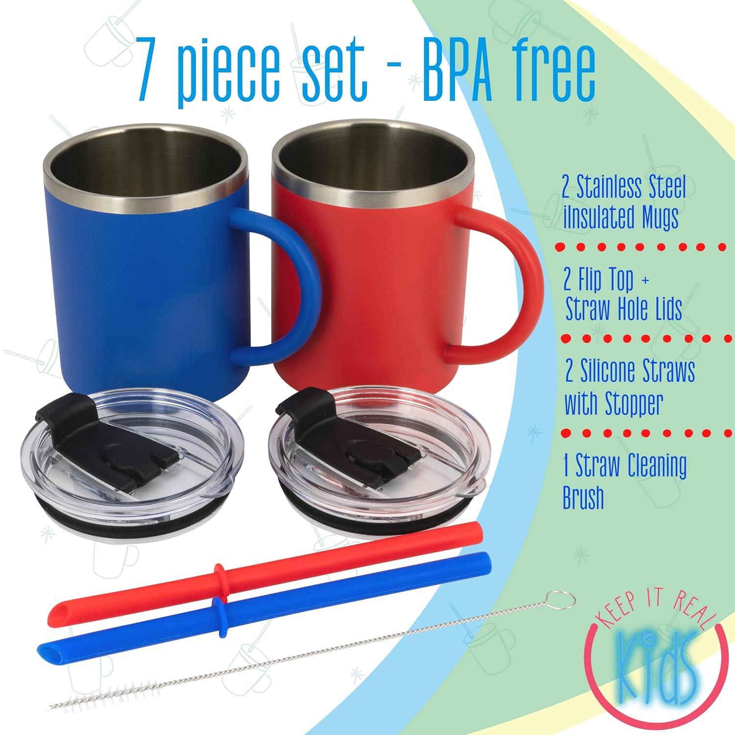 Stainless Steel Kids Mugs - BPA Free 10 oz Childrens Cup, Coffee Style Mugs for Hot Chocolate, Milk, Set of 2 with Handle, Lid and Straw (Blue / Red)…