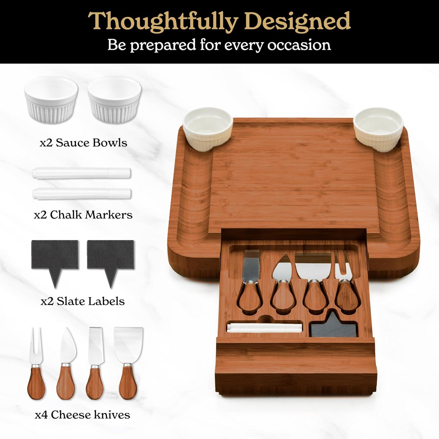 SMIRLY Charcuterie Board Set Large Bamboo Cheese Board with Fruit Tray & 2 Ceramic Bowls