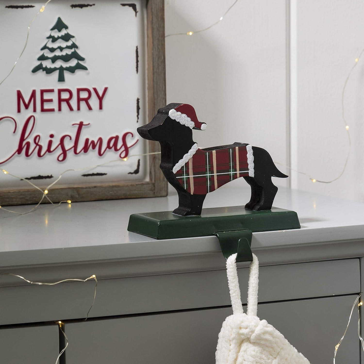 5.75" Green and Red Unique Wooden Dachshund Stocking Holder