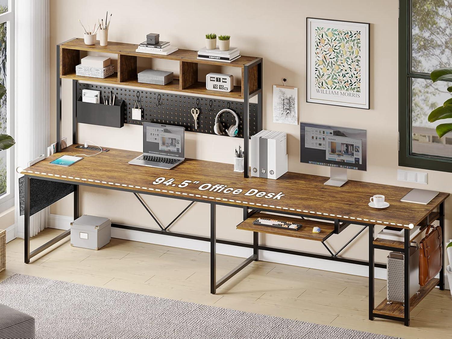 Rustic Brown L-Shaped Gaming Desk with LED Lights and Power Outlet