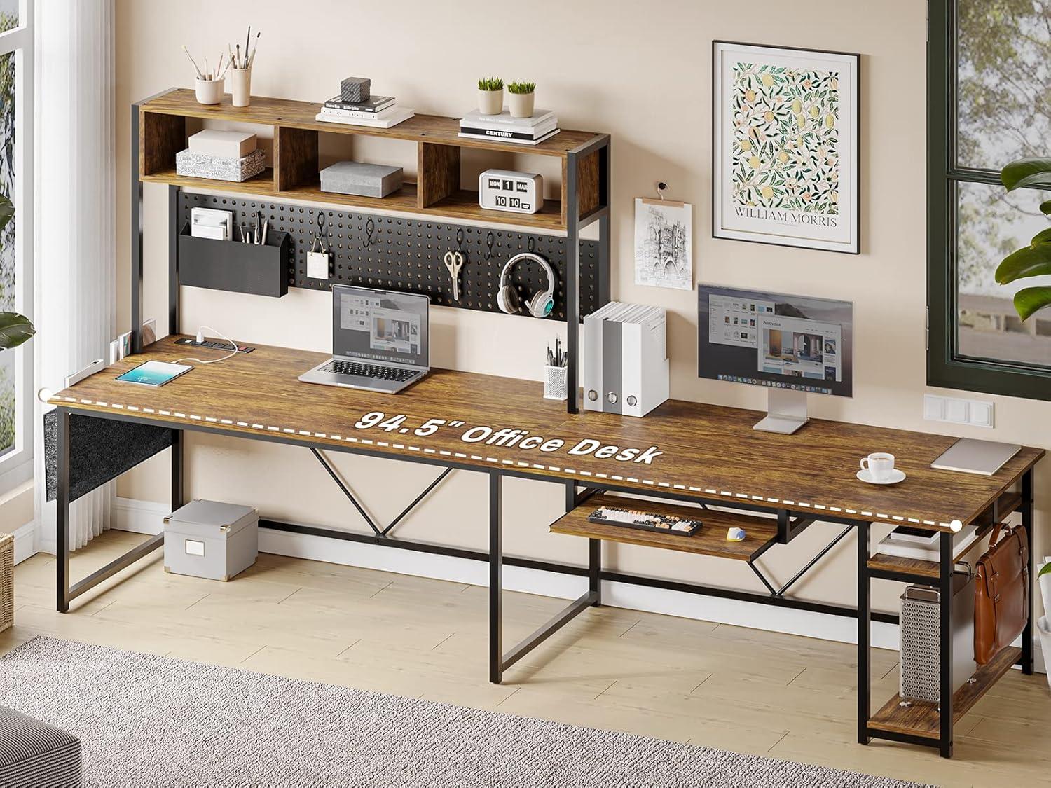 L-Shaped Office Desk with LED Lights & Charging Station, Reversible Computer Desk with Storage Shelf & Pegboard for Bedroom Study Writing, Rutic Brown