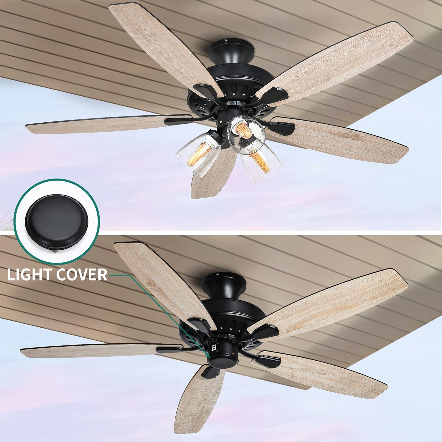 52'' Oak and Black Ceiling Fan with Clear Seeded Glass Light